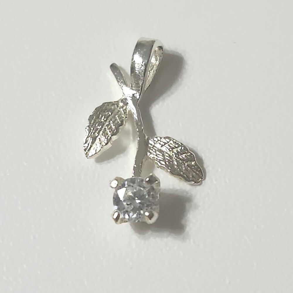925 Sterling Silver Rose Pendant Clear Glass Flower Leaf Stem Tiny Charm Jewelry